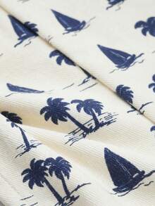 Cozy Pixies Baby Boy Solid Color Soft Knit Crew Neck Short Sleeve Top And Coconut Tree Pattern Bib Shorts 2-Piece Set - Blue - View 3