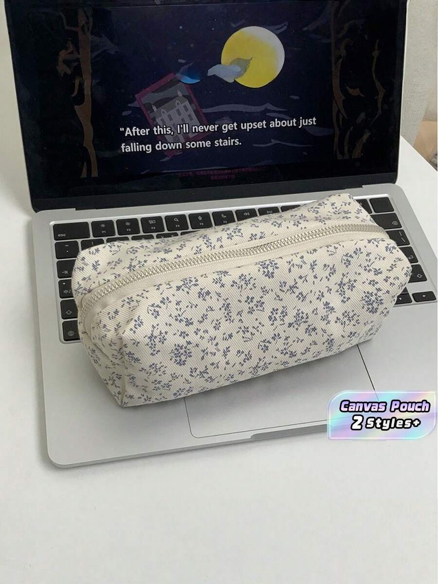 1 Buah Tempat Pensil Motif Bunga Biru Tua, Kanvas Sederhana Multifungsi Kapasitas Besar, Tas Penyimpanan Alat Tulis untuk Perlengkapan Sekolah, Kantor, Perjalanan, dan Rumah - 10803 - View 1