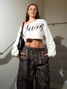 Vivi Wanderley 女式夏季街头风牛仔运动休闲音乐节图案短款大码不对称领口长袖 T 恤 - 白色 - 查看 3