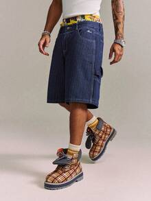 CRAVYNX Men's Casual Streetwear Multi-Pocket Striped Blue Denim Cargo Shorts - Dark Wash - View 1