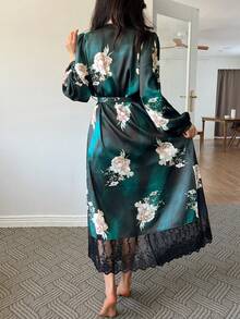 Livesso 女款花卉印花蕾絲拼接繫腰睡袍睡衣 - 綠色 - 查看 2