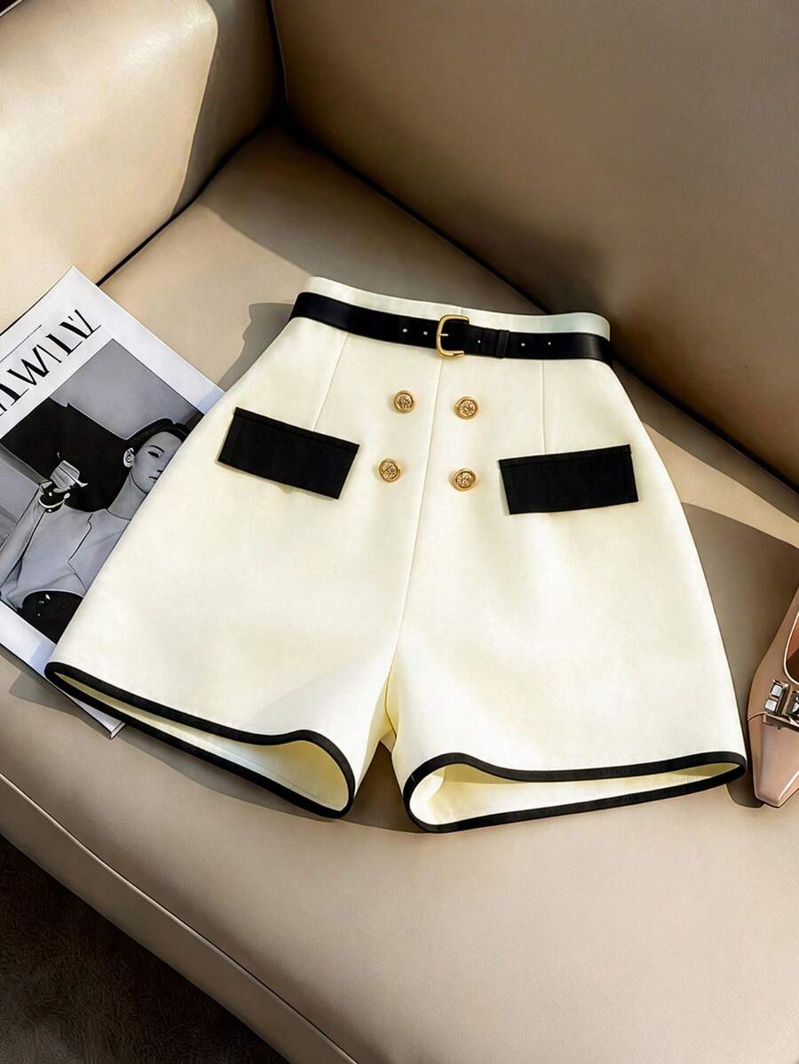 GlowEve Pantalones cortos elegantes y versátiles para uso diario, con bolsillos, costuras en contraste, cintura ceñida con detalles metálicos dorados y piernas anchas, en color albaricoque y negro - Albaricoque - Ver 1