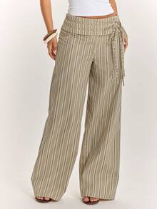 SHEIN BAE Quần ống rộng dáng suông kẻ sọc kaki dành cho nữ, thích hợp cho việc đi làm và mặc hàng ngày, dáng rộng, thiết kế cạp cao, quần dài kẻ sọc, ống loe, rộng rãi và thoải mái, thích hợp cho các dịp công sở. - Màu Khaki - Xem 1