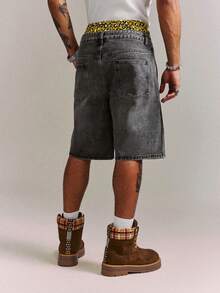 CRAVYNX Casual Loose Distressed Flame Print Rhinestone Embellished Shorts, American Style - Grey - View 4