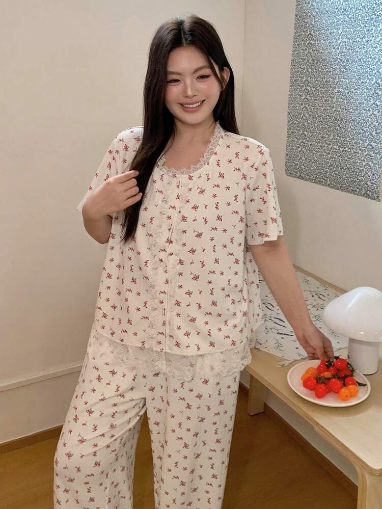 Dazy Plus Plus Size Women's Elegant Floral Contrast Lace Long Sleeve Top And Pants Sleepwear Set, Spring/Summer