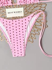 Swim Mod Bộ bikini hai mảnh nữ xuân/hè 2026, nền đen chấm bi trắng in ngẫu nhiên, phong cách ngọt ngào dễ thương, dây buộc cổ, buộc bên hông - Hồng - Xem 5