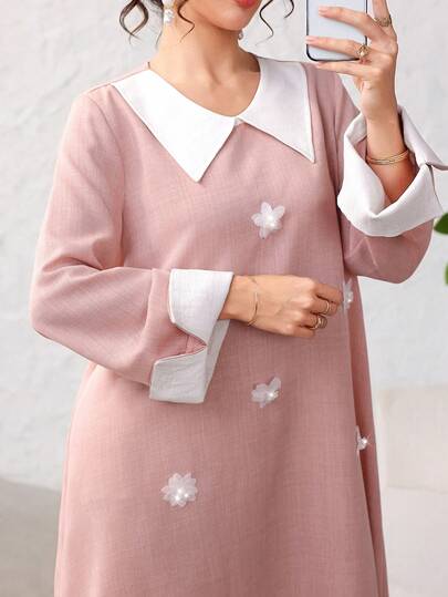Yasmyna Elegant Women's Peter Pan Collar 3D Floral Contrast Color Loose Fit Long Sleeve Flared Dress