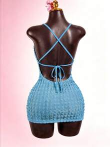 SaltGleam SaltGleam Vestido mini ajustado y con textura de unicolor y espalda descubierta para mujer - Azul - Ver 6