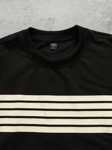 ROMWE MEN Men's Striped Print Loose Fit Short Sleeve T-Shirt - Black - View 3