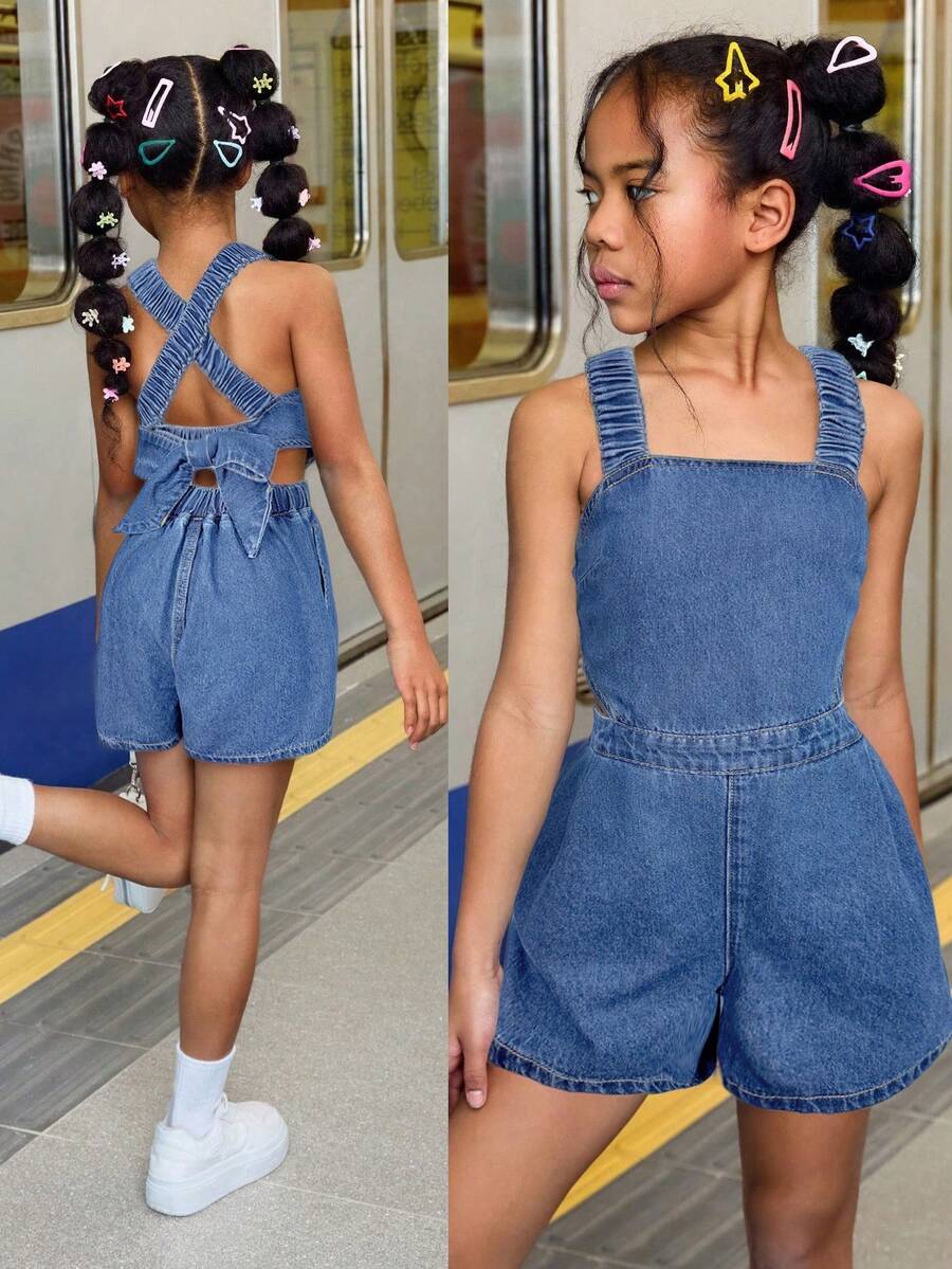 SHEIN 青少年女孩夏季海灘波希米亞風酷感街頭風石洗連身褲,交叉背帶露背設計,青少年女孩夏季海灘波希米亞度假服裝開學街頭穿搭,女孩演唱會電音節休閒穿搭 - 深色水洗藍 - 查看 1