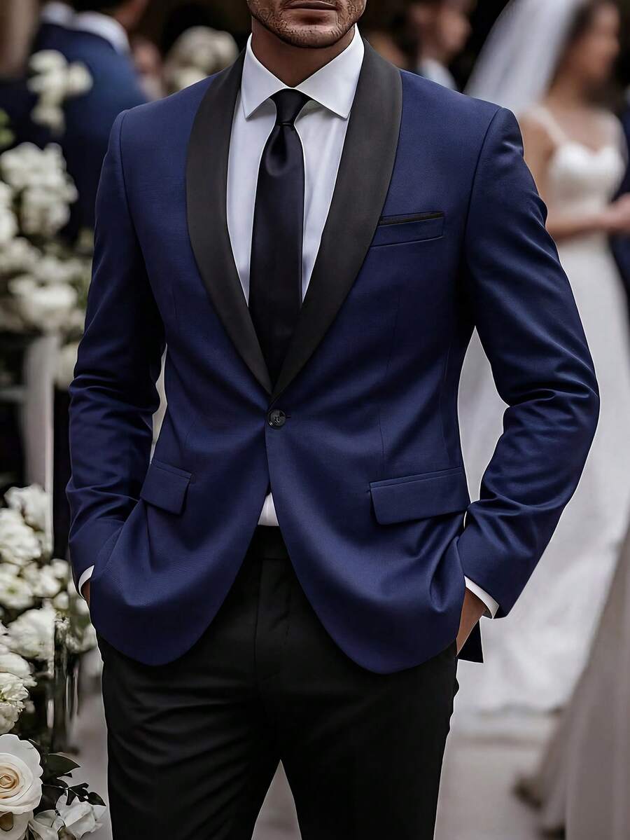Manfinity Mode Chaqueta de traje de un solo botón con solapa de color contrastante para hombres, para negocios/ir al trabajo - Azul Marino - Ver 1