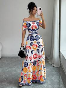 Elenzga All-Over Print Off-Shoulder Hollow Ruffle Hem Dress - Blue Power - View 4