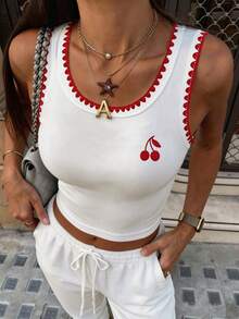 Sundraya Áo hai dây nữ thêu họa tiết quả anh đào, áo tank top nữ thêu viền vỏ sò thời trang. - trắng - Xem 3