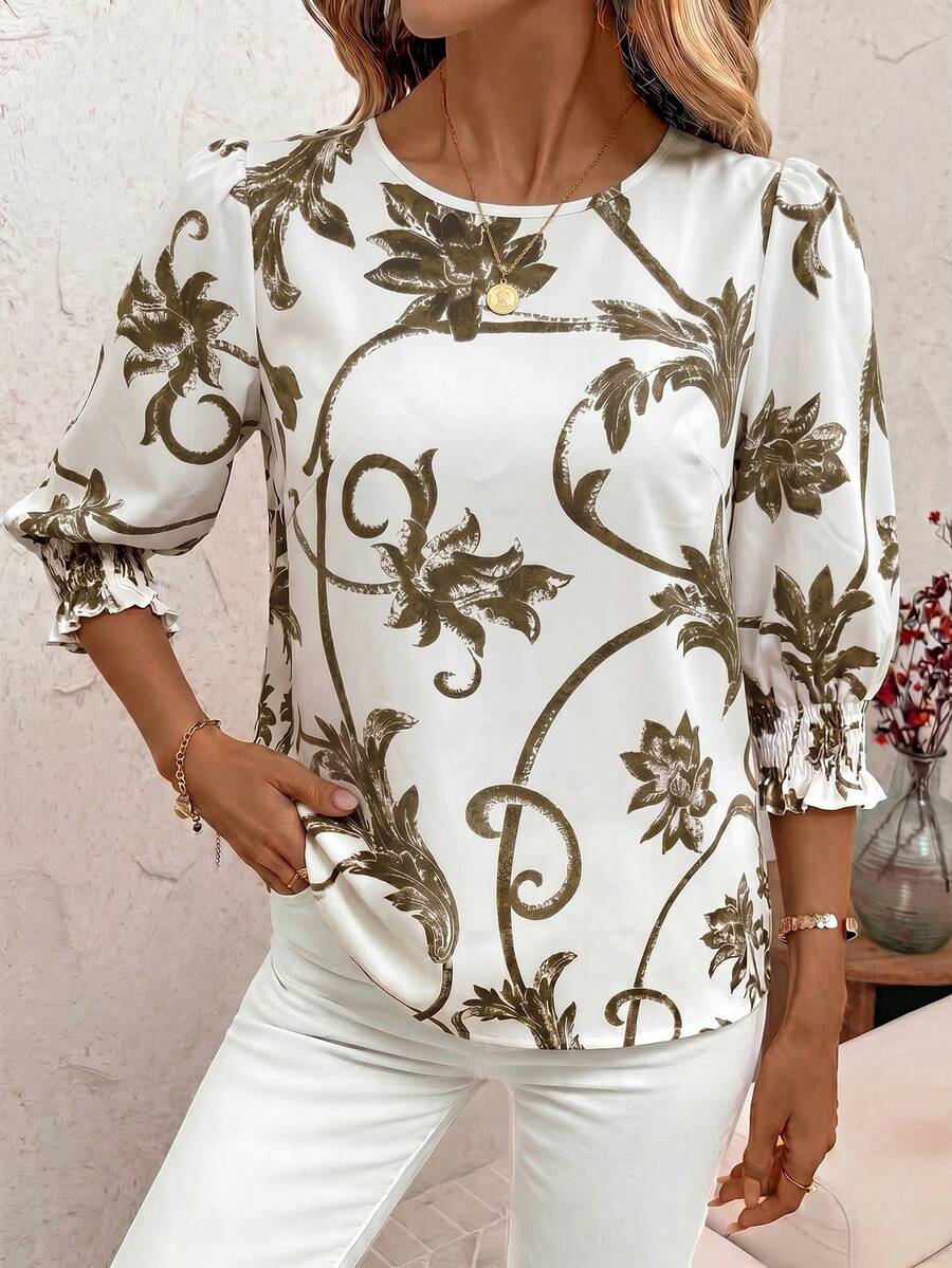 SHEIN Clasi Áo sơ mi nữ cổ tròn tay lửng dáng rộng thoải mái - màu nâu - Xem 1