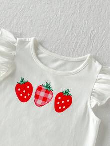 Cozy Pixies Bộ đồ cho bé gái gồm áo tay ngắn cổ tròn in hình dâu tây và quần short kẻ caro. - Đỏ - Xem 4