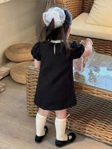 Dazy Kids 女嬰圓領拼接色韓風蝴蝶結無袖中長洋裝 - 黑色 - 查看 2