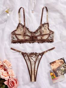 SHEIN Esselle 女士花卉刺绣可调节肩带文胸和内裤休闲日常内衣套装 - 咖啡棕 - 查看 2