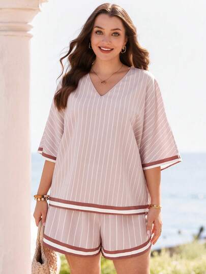 Rosumi Conjunto informal de 2 piezas de top de manga media con cuello en V a rayas y shorts para mujer de talla grande