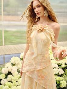MOTF PREMIUM Vestido feminino de chiffon com estampa floral tie-dye, decote nas costas e amarração frontal. - Luz amarela - Ver 4