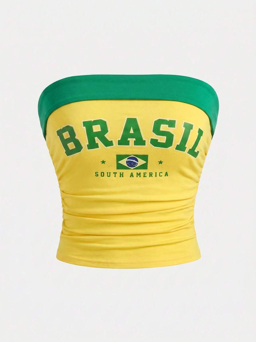 SHEIN Áo tank top ôm dáng, kiểu dáng thể thao thường ngày dành cho bé gái tuổi teen, in chữ BRAZIL, viền tương phản, kiểu racerback, đồ cơ bản cho phong cách thể thao thường ngày. - Màu vàng - Xem 1