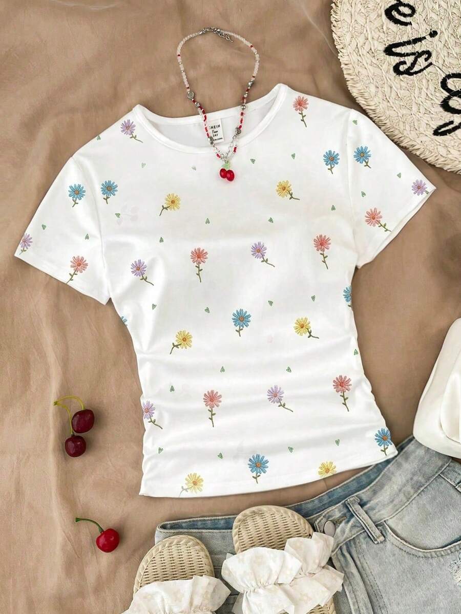 Teen Girl Casual Fitted Round Neck Ruched Short Sleeve T-Shirt, Suitable For Summer - Multicolor - View 1