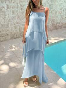 Aloruh Gaun Liburan Elegan dengan Hem Berlapis dan Tali Bahu Tipis - Baby Blue - View 6