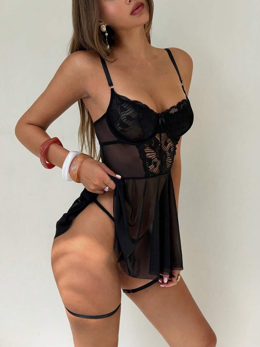 Aloruh 4pcs/Set Lace Contrast Mesh Sleepwear, Victorian Nightgown, Semi-Sheer Lace Bralette Set