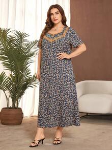 Lacomfia Plus Size Ditsy Floral Short Sleeve Ruffle Hem Casual Maxi Dress - Navy Blue - View 5