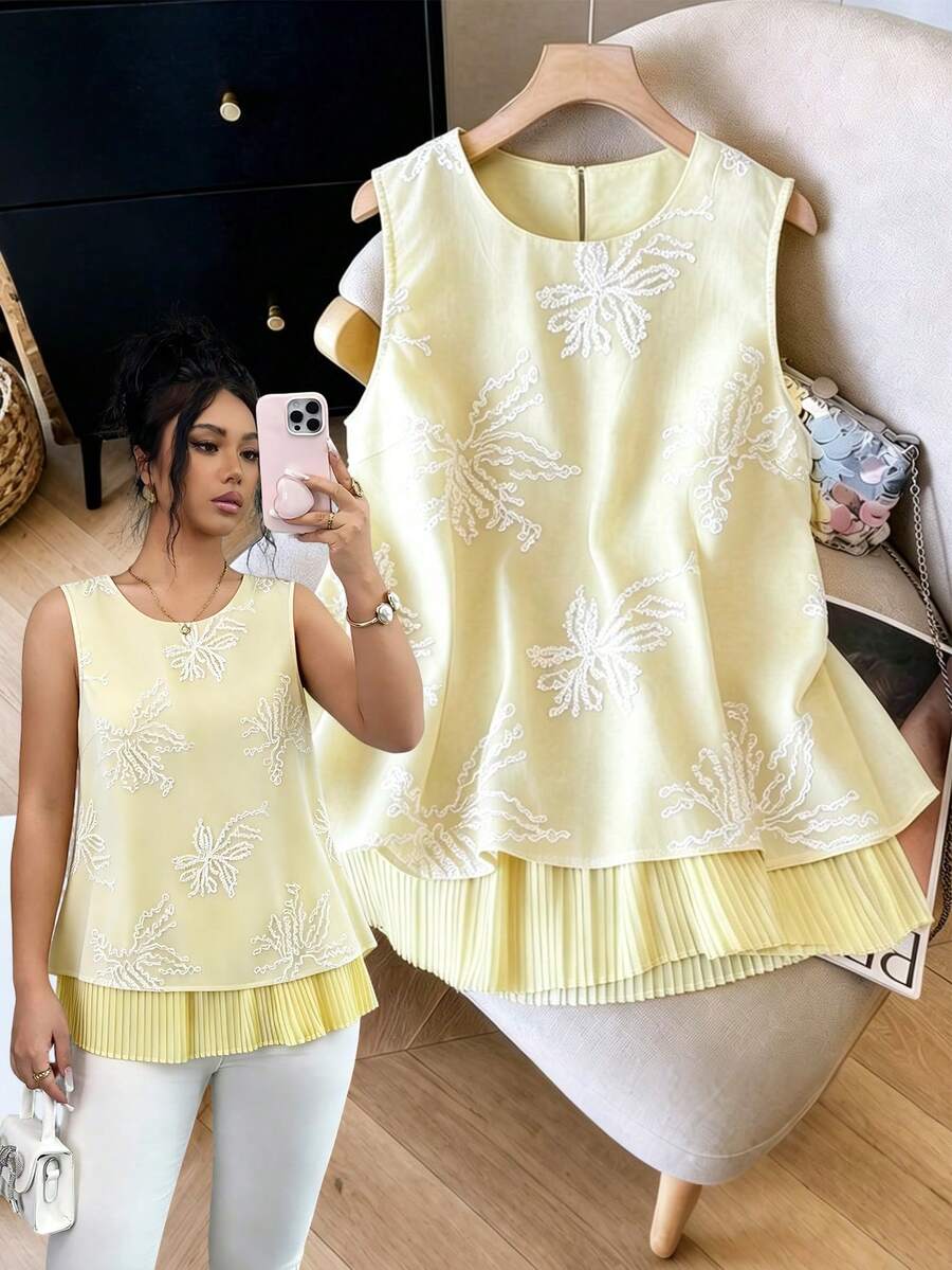 SHEIN Elenzya 女士浅黄色圆领无袖刺绣褶皱设计休闲优雅通勤衬衫 - 黃色 - 查看 1