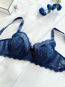 DesireSculpt 1件大码女士蕾丝拼接舒适钢圈文胸 - 寶藍色 - 查看 4