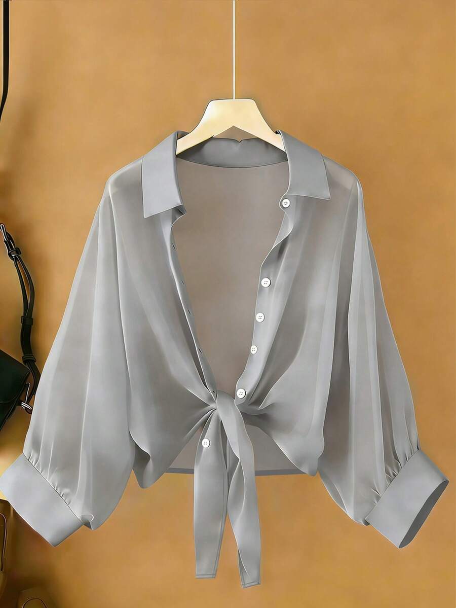 Resyla New Bat Wing Short Casual Chiffon Shawl Solid Color Blouse For Women - Dusty Blue - View 1