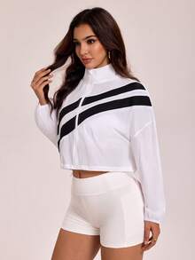 SHEIN Sports 女士春夏运动防晒外套，半透明立领全拉链设计，撞色条纹长袖，可调节抽绳下摆，适合日常休闲、跑步、瑜伽、健身、网球、高尔夫等运动。 - 彩色 - 查看 3