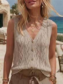 SHEIN Holidaya Áo hè mới, Áo vest dệt kim màu trắng ngà cho nữ - Cổ chữ V không tay, họa tiết lá cây, cài nút phía trước, viền gấu bo gân, vẻ duyên dáng nữ tính tinh tế và phong cách giản dị cổ điển. - Màu nâu  Mocha - Xem 6