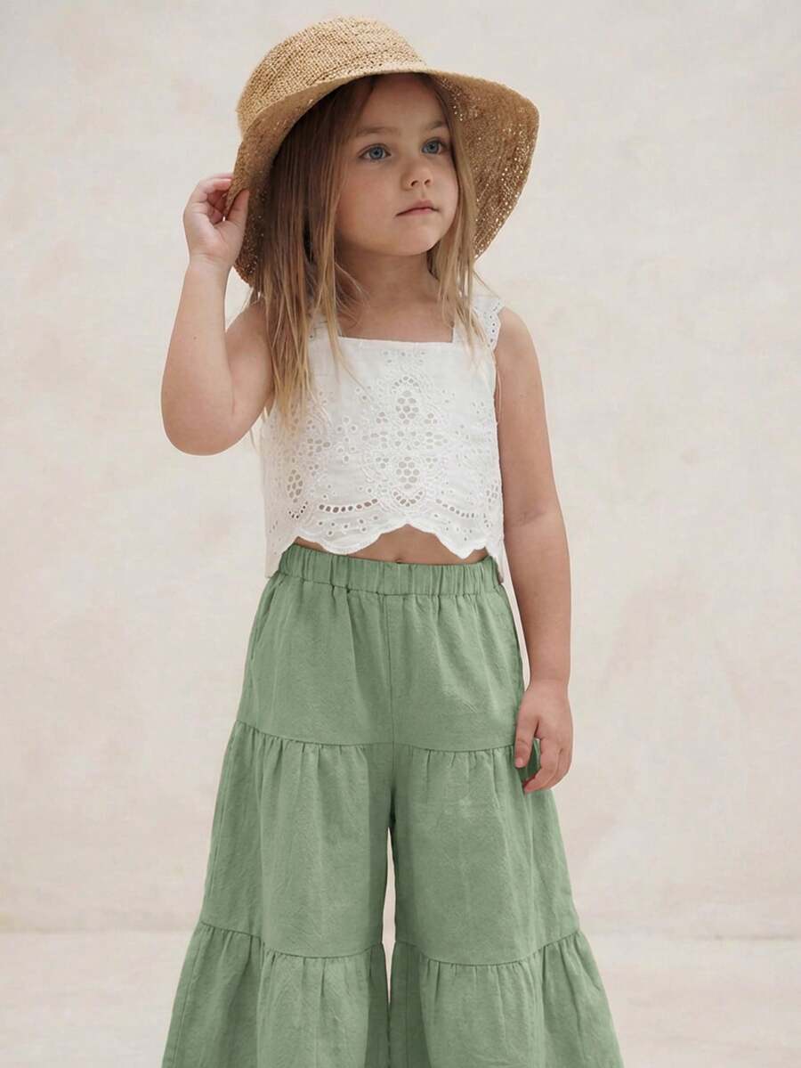 Emery Rose Kids Emery Rose Kids 2件套少女纯色梭织方领荷叶边休闲吊带背心和长裤套装 - 綠色 - 查看 1