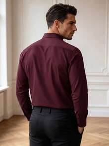 Core Aspect Men's Slim Fit Business Casual Burgundy Dress Shirt,Solid Color Long Sleeve Button Down Formal Office Top For Autumn Dinner - Burgundy - View 3