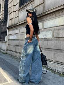 Coolane 女款夏季街頭風 Y2K 派對日常外出演唱會休閒拼接寬鬆低腰復古水洗棉質寬腿牛仔褲 - 中等水洗藍 - 查看 4