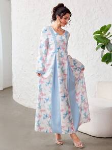 Yasmyna Đầm xanh dương cổ chữ V in hình bướm, phối ruy băng, cài cúc phía trước, kèm khăn trùm đầu. - Màu xanh lam - Xem 7