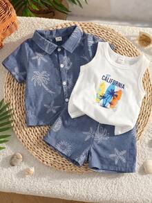 SHEIN Playful Pals 3件組 嬰幼兒男童休閒學院風字母藍白條紋背心、佩斯利花卉印花襯衫、短褲 夏季度假假日套裝 - 藍色 - 查看 8