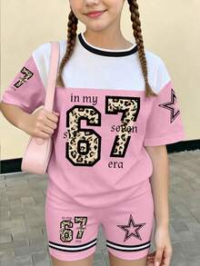 2件套（少女款）美国豹纹67数字图案短袖上衣和短裤套装，甜美清爽风格，适合学生，夏季 - 彩色 - 查看 3