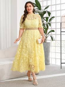 tido blanco de talla grande, vestido elegante para té, vestidos de verano de talla grande, vestidos curvy de talla grande, vestidos para bodas y eventos, vestido de malla, vestido para salir - Amarillo - Ver 8