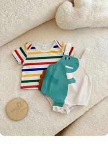 Set Baju Terusan Bayi Laki-laki Baru Lahir Motif Kartun Lucu, Rompi dan Kaos Lengan Pendek Bergaris - MultiWarna - View 5