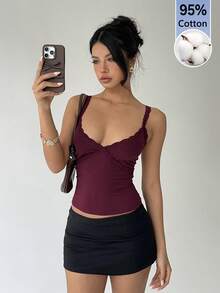 Aloruh Áo camisole ôm sát cổ chữ V khoét sâu, phối ren màu đỏ tía dành cho nữ. - Màu Đỏ Sâu - Xem 7