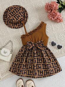 SHEIN Váy thêu kẻ sọc Houndstooth thanh lịch có mũ cho bé gái, Xuân/Hè - màu nâu - Xem 3