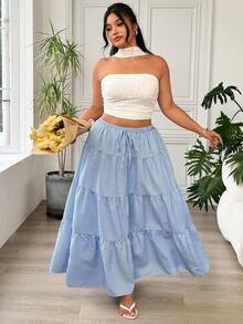 SHEIN EZwear 大码女式条纹荷叶边休闲半身裙 - 紅色 - 查看 3