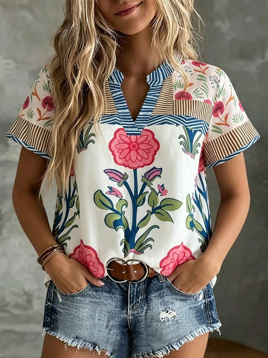 SHEIN PETITE Áo sơ mi nữ tay ngắn phối màu, trang phục thanh lịch cho kỳ nghỉ hè, áo sơ mi nữ tay ngắn phối màu, trang phục dự tiệc sang trọng, áo sơ mi nữ tay ngắn phối màu, mẫu mới xuân/hè. - Nhiều màu - Xem 1