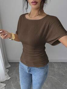 SHEIN Elenzya 女士优雅收腰露背设计T恤，夏季新品 - 咖啡棕 - 查看 3