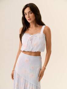 Willow Rêve Women's Light Blue Floral Print Lace Trim Cropped Camisole Top And Maxi Skirt 2-Piece Set Holiday Vacation Summer Boho Cottagecore Romantic Picnic - Blue - View 6