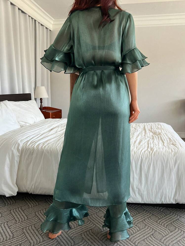 Women's Solid Color Ruffle Trim Robe And Pants Elegant Sleepwear Set