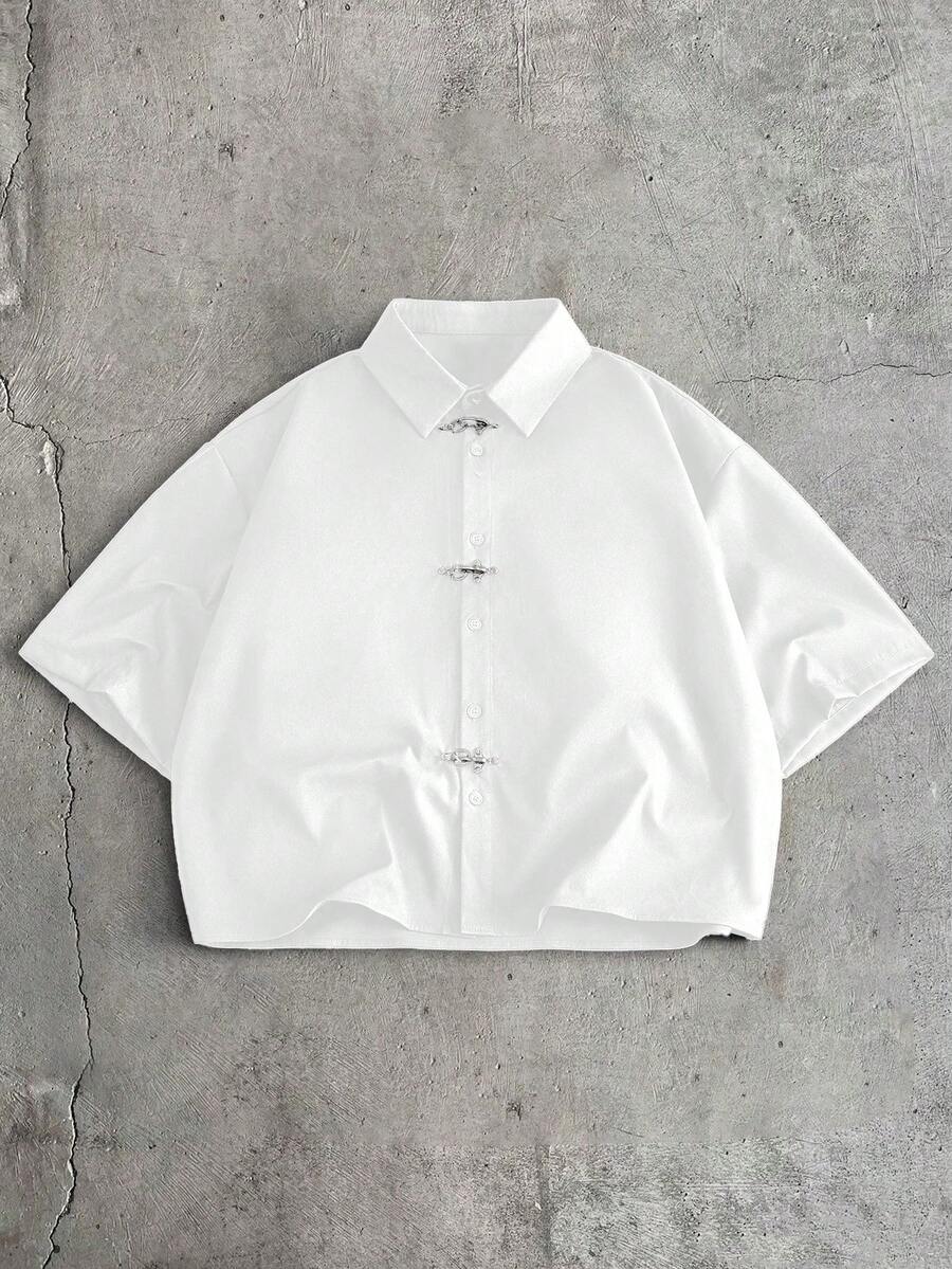 AXEPEAK Men's Casual Minimalist Solid Color Airplane Buckle Front Short Sleeve Shirt, Versatile For Daily Commute, Summer - White - View 1