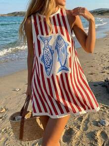 Veykashi Vacation Style Contrast Color Red & White Striped Pattern Women Casual Minimalist Retro Striped Fish Hem Mini Dress, Suitable For Summer - Red and White - View 4